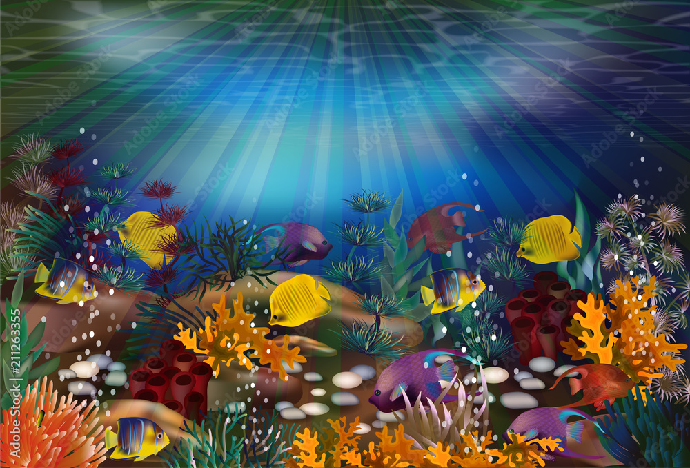 Underwater wallpaper with tropical fish, vector illustration Stock ...
