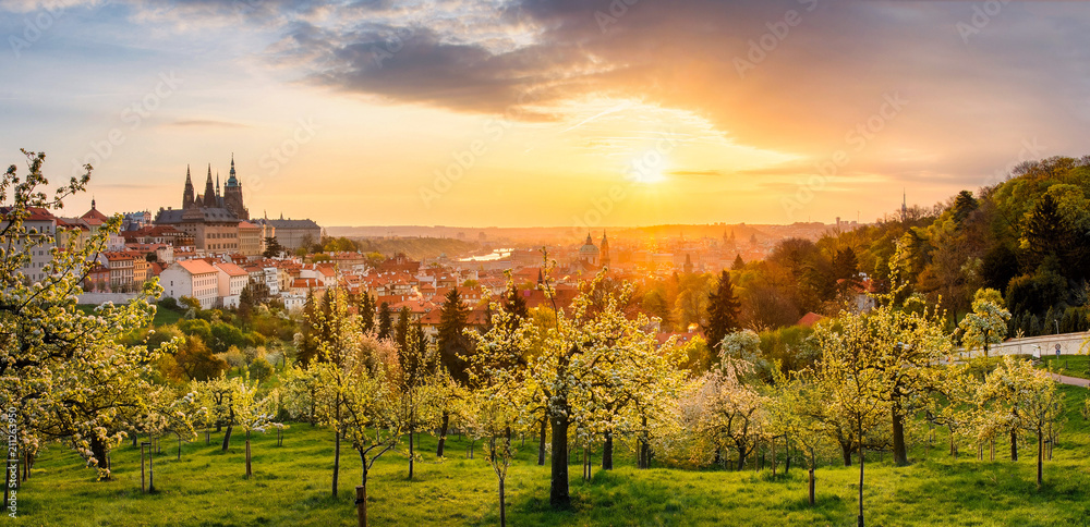 A beautiful spring view of Prague at sunrise from Petrin hill. Prague Castle and St. Vitus Cathedral on the left and a golden rising sun in the background. - obrazy, fototapety, plakaty 
