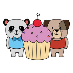 Poster - sweet cupcake with cute dog and panda