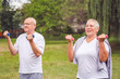 © Lucky Fenix - Feeling great in our senior years - senior man and woman practice with dumbbells in a park.