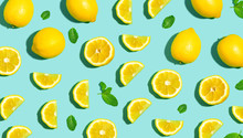 Fresh Lemon Pattern On A Bright Color Background Flat Lay
