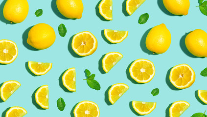 fresh lemon pattern on a bright color background flat lay