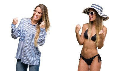 Wall Mural - Young beautiful blonde woman wearing business and bikini outfits very happy and excited doing winner gesture with arms raised, smiling and screaming for success. Celebration concept.