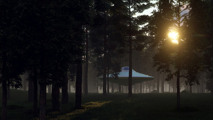 3d illustration contact with UFO in the forest
