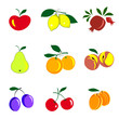 Fruits and berries colored icons collection. Set of fruits are apple, lemon, pomegranate, pear, orange, peach, plum, cherry, apricot. Vector illustration isolated on white.