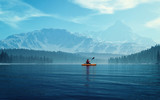 Fototapeta Natura - Man with canoe on the lake