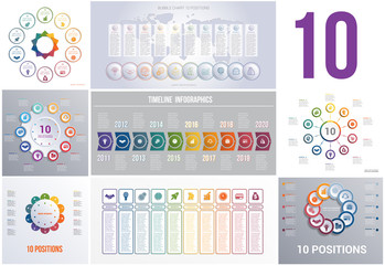 Set 8 universal templates elements Infographics conceptual cyclic processes for 10 positions possible to use for workflow, banner, diagram, web design, timeline, area chart,number options.