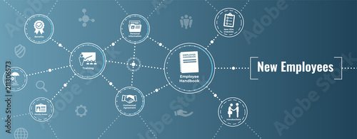 Fotografía New Employee Hiring Process icon set w handbook, checklist, etc