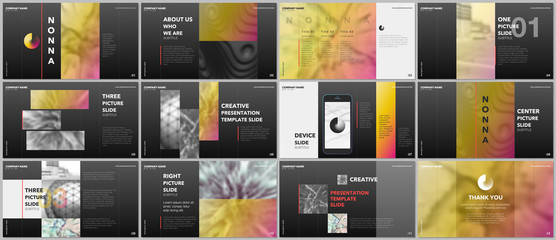 Wall Mural - Minimal presentations design, portfolio vector templates with elements on black background. Multipurpose template for presentation slide, flyer leaflet, brochure cover, report, marketing, advertising.