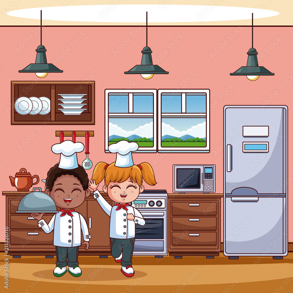 Chef kids cooking at kitchen cartoons vector illustration graphic design  Stock Vector | Adobe Stock, image size:1000x1000