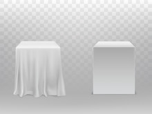 Vector Realistic White Cubes, One Block Covered With Silk Cloth, Another Empty, Isolated On Transparent Background. Square Stand Or Podium Hidden Under Fabric With Folds. Mockup With Boxes, Front View