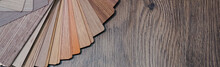 Wooden Samples For Floor Laminate Or Furniture In Home Or Commercial Building.Small Color Sample Boards. Copy Space, Design