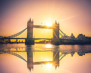 Canvas Print - Tower Bridge with sun flare and reflection