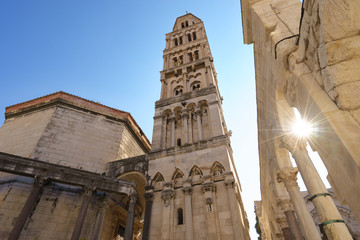 Wall Mural - Tower Sveti Duje of Split cathedral with sun flare, Croatia 