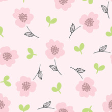 Pink Blooming Flowers And Green Leaves Seamless Repeat Pattern