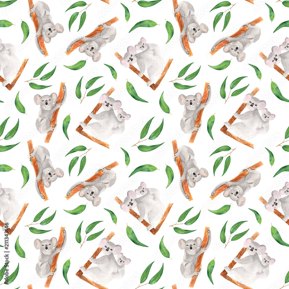 Watercolor pattern with koala and eucalyptus leaves. Seamless texture ...