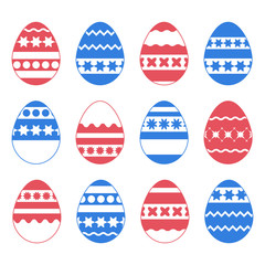 Wall Mural - Set of colored isolated Easter eggs on a white background. With an abstract pattern. Simple flat vector illustration. Suitable for decoration of postcards, advertising, magazines, websites.