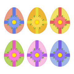 Wall Mural - Set of cute colored isolated Easter eggs tied with ribbon with flower against white background. Attractive colors. Simple flat vector illustration. Suitable for decoration of postcards, advertising