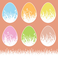 Wall Mural - Set of pastel isolated Easter eggs on a white background. With an interesting abstract pattern of grass. With a white stroke. Simple flat vector illustration. Suitable for decoration of postcards