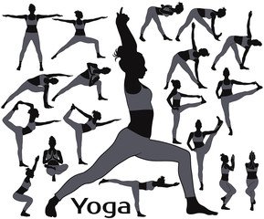 Silhouettes of slim woman practicing yoga exercises.