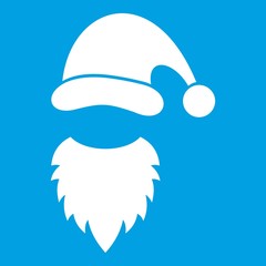 Canvas Print - Cap with pompon of Santa Claus and beard icon white isolated on blue background vector illustration