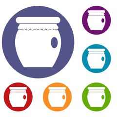 Honey bank icons set in flat circle red, blue and green color for web