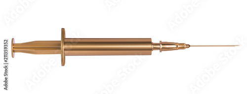 Foto  Golden syringe isolated on white background. Medical item.