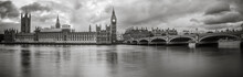 Waterfront View Of Palace Of Westminster In Black And White
