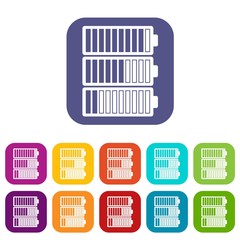 Poster - Battery indicators icons set vector illustration in flat style in colors red, blue, green, and other