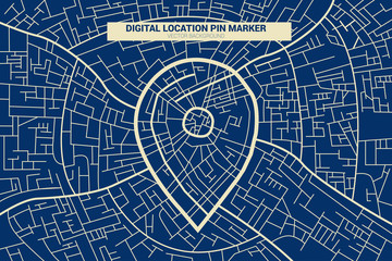 Poster - Location pin marker signage pixel style with city background: GPS Technology concept