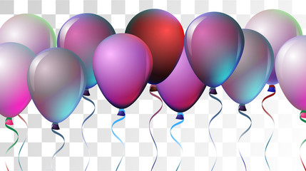 Wall Mural - Bright Realistic Helium Vector Balloons Flying. Happy Birthday, New Year Party Ornament. Neon Modern Holidays Decoration, Air Helium Balloons. Celebration, Music Poster Discount Card Cool Design.