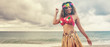 Beautiful and happy hawaiian woman dancing on the beach, letterbox