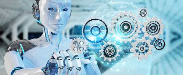 Poster - White humanoid robot using digital gears 3D rendering