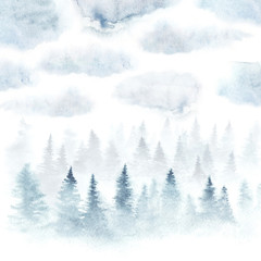 Wall Mural - foggy forest under the cloudy sky painted with watercolor. winter landscape. square card isolated on