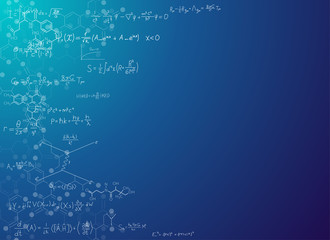 Science abstract background with formulas. Real string theory and relativity physics formulas on gradient background with chemical skeletal formula of molecules. Scientific banner for text placement.
