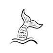 Mermaid tail in sea waves, vector hand drawn illustration, black outlined mermaid fish tail, isolated on white background.