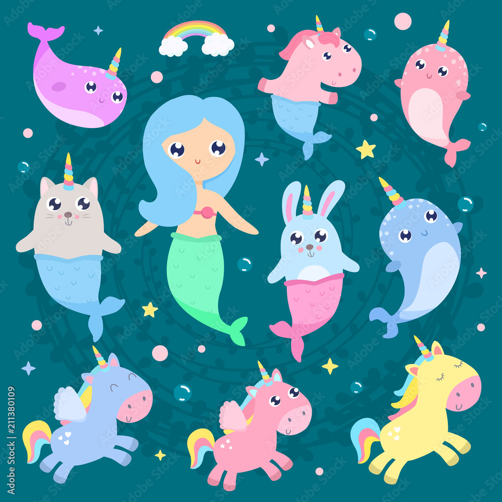 Magical creatures. Narwhal, unicorn mermaid,bunny mermaid, cat mermaid  pegasus vector illustration Stock Vector | Adobe Stock