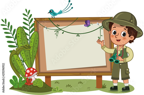 Fotografía A little explorer standing in front of an empty display board