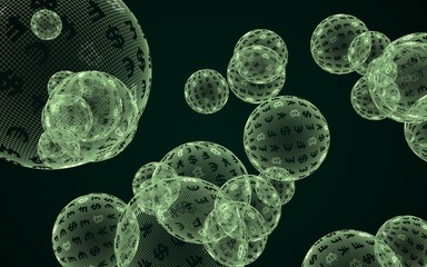 Bitcoin economic financial bubble. Cryptocurrency 3D illustration. Business concept. Green bubbles on a dark background