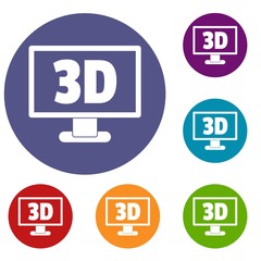 Poster - Computer monitor with 3d inscription icons set in flat circle red, blue and green color for web
