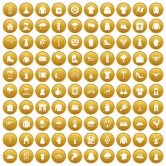 Wall Mural - 100 clothing icons set in gold circle isolated on white vector illustration