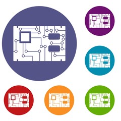 Electronic board icons set in flat circle red, blue and green color for web