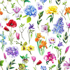 Wall Mural - Multi-floral seamless pattern with different flowers. Bright and colorful illustration of a hydrangea, lilac, rose, orchid and other flowers on a white background.
