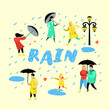 © Pavlo Syvak - Characters People Walking in the Rain. Cartoons in Raincoats with Umbrella. Autumn Rainy Weather, Fall Season. Vector illustration