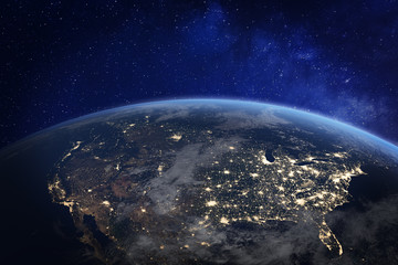 North America at night viewed from space with city lights showing human activity in United States (USA), Canada and Mexico, New York, California, 3d rendering of planet Earth, elements from NASA