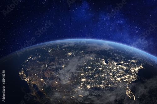Fotomural North America at night viewed from space with city lights showing human activity