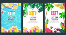 Summer Sale Vector Poster, Banner Template. Season Backgrounds. Tropical Frame With Sand Beach, Water, Leaves And Fruits