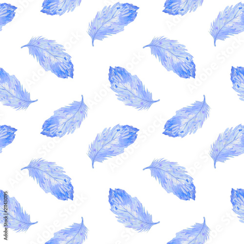 Cotton fabric Seamless pattern with feather. Watercolor hand drawn illustration