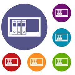 Poster - Office folders on the shelf icons set in flat circle red, blue and green color for web