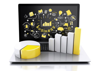 Poster - 3d Laptop with charts and graph. Business success concept. Isolated on white background